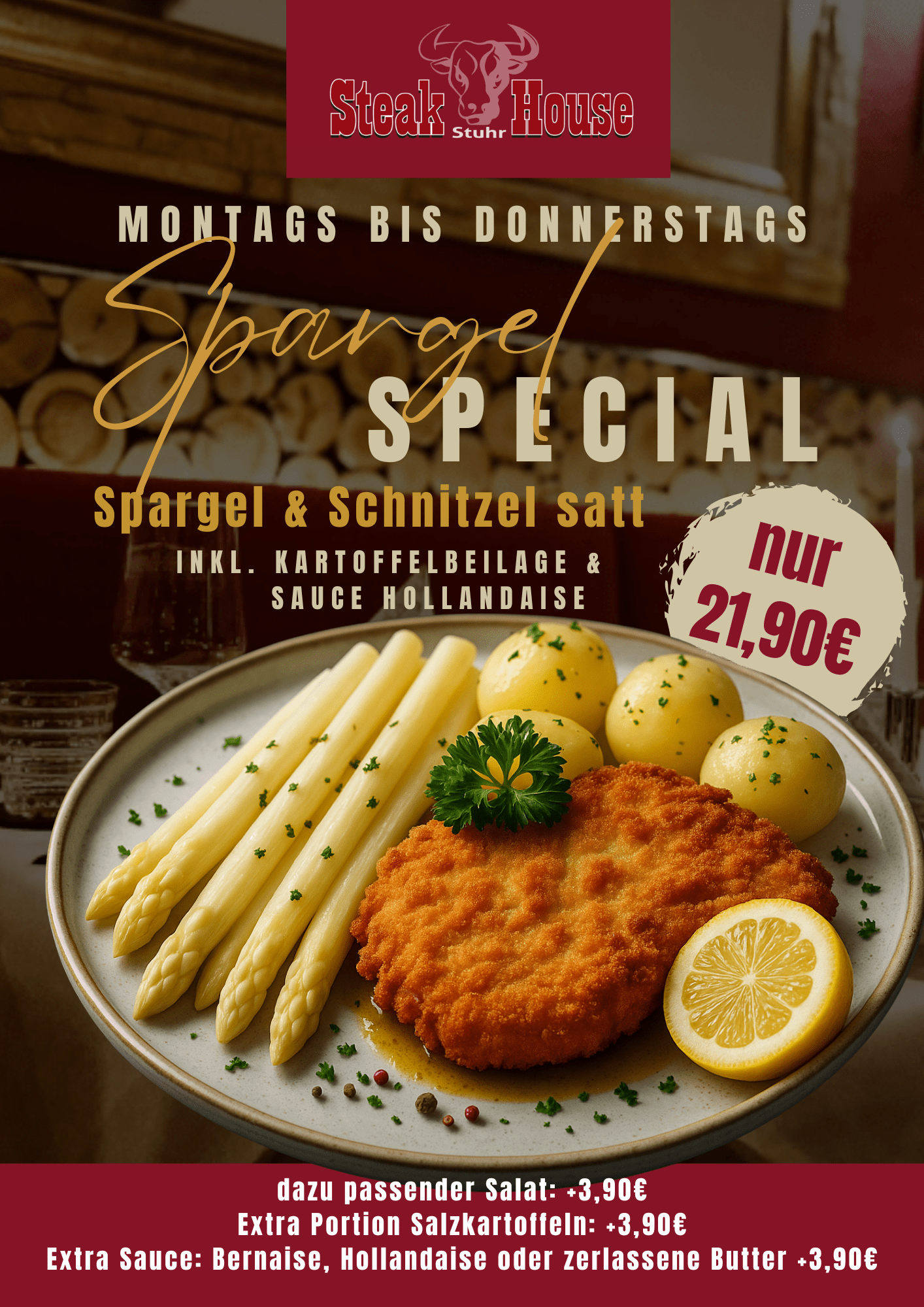 Plate with breaded schnitzel, white asparagus, boiled potatoes, and lemon—promotional image for a Spargel Special at Steak House.